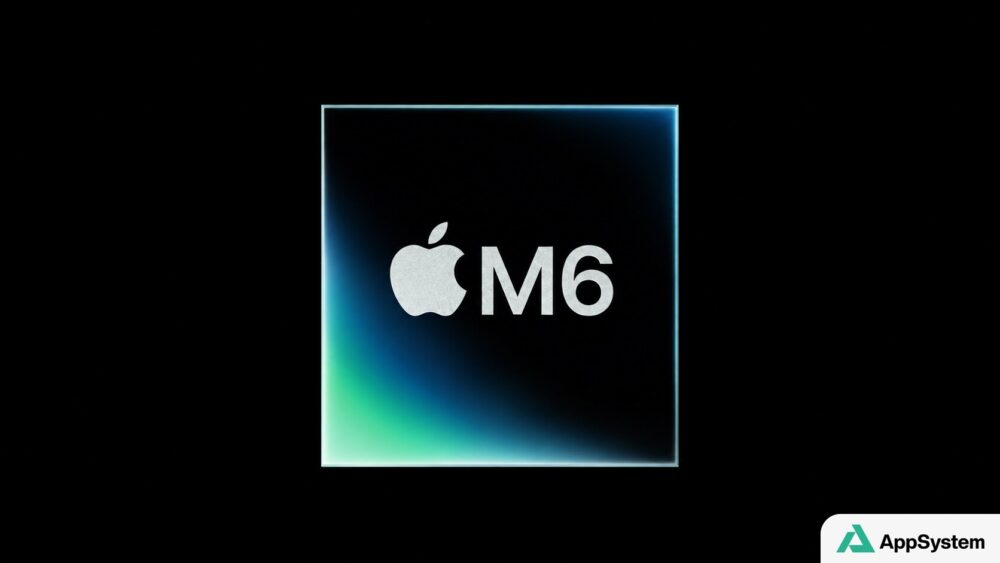 Rendu du processeur Apple M6 sur fond noir lumineux