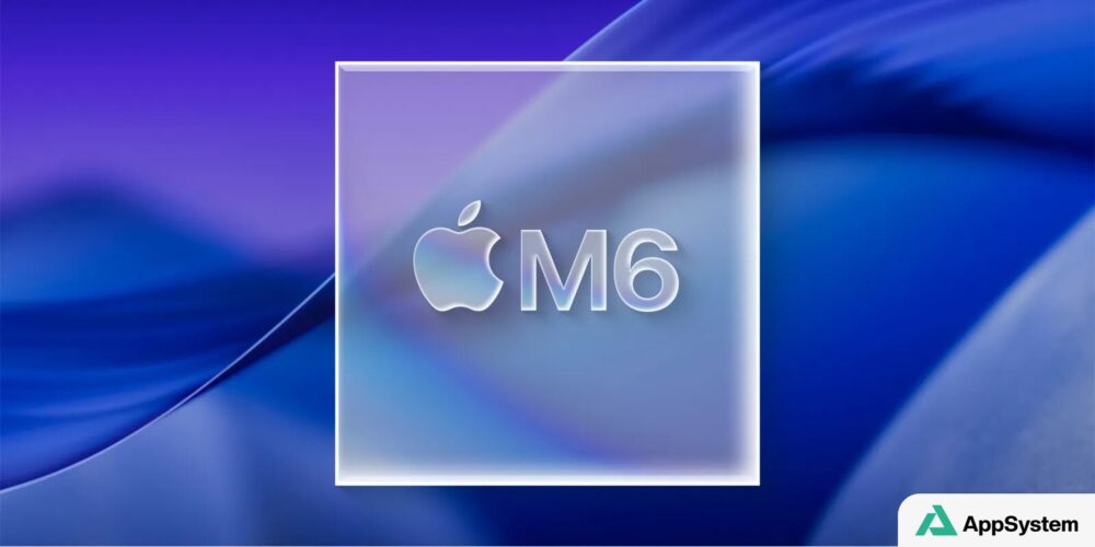 Illustration du processeur Apple M6 sur fond bleu
