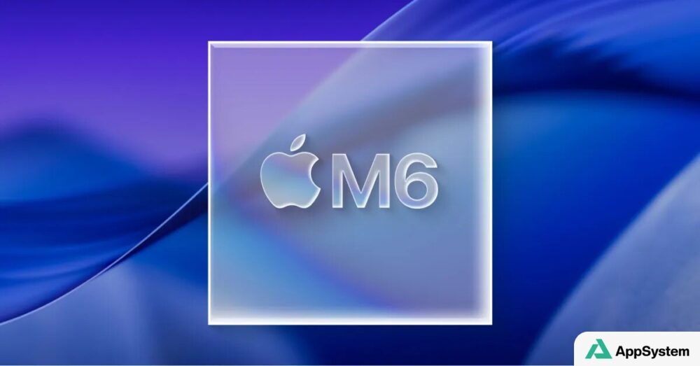 Illustration du processeur Apple M6 sur fond bleu