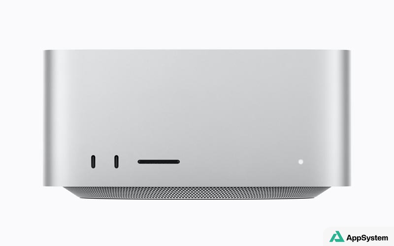 Mac Studio argent vu de face avec grille de ventilation