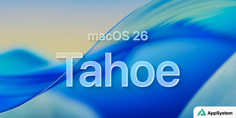 Illustration de macOS Tahoe 26 sur fond bleu abstrait