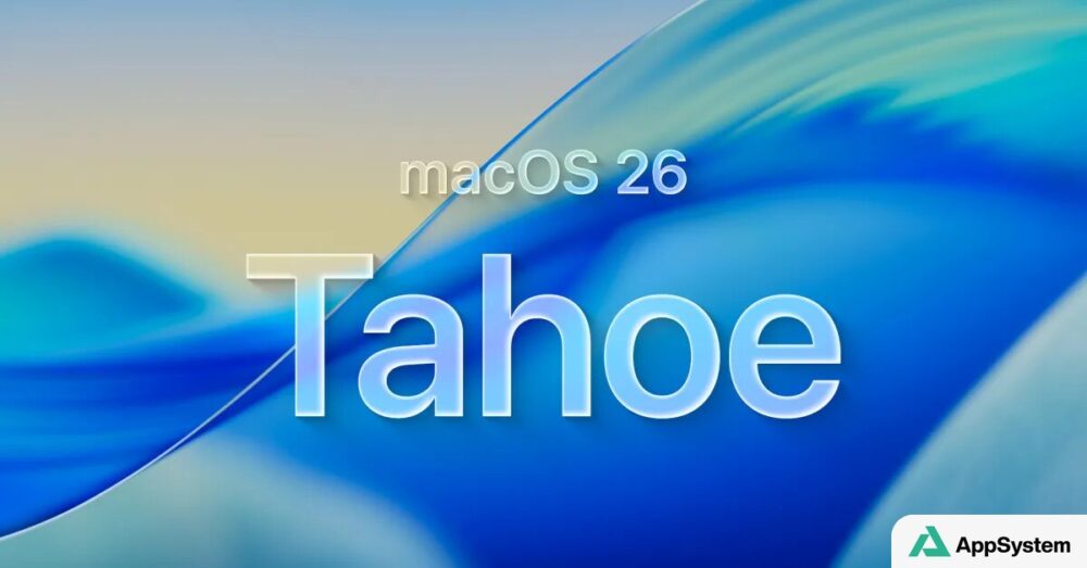 Illustration de macOS Tahoe 26 sur fond bleu abstrait