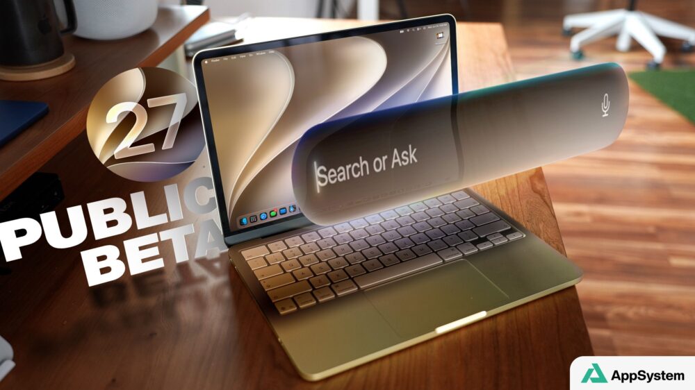 MacBook affichant Siri avec la mention macOS 27 public beta