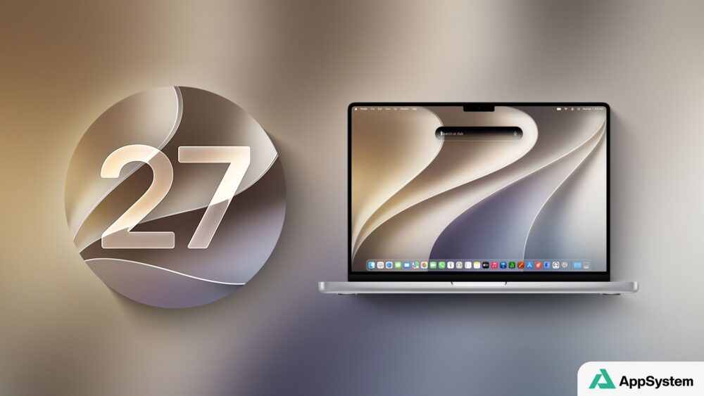 MacBook affichant macOS 27 et son interface de recherche