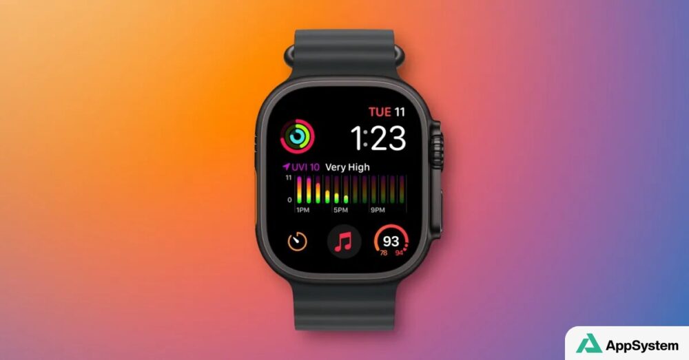 Apple Watch affichant un cadran Modular multicolore sur fond dégradé