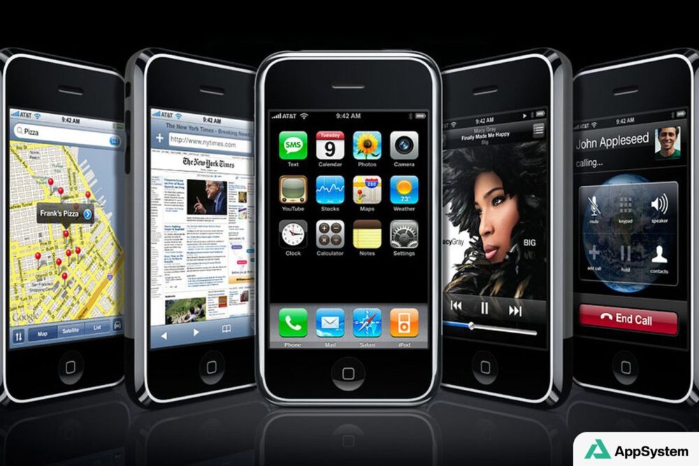 Série de premiers iPhone montrant leurs interfaces et fonctions emblématiques