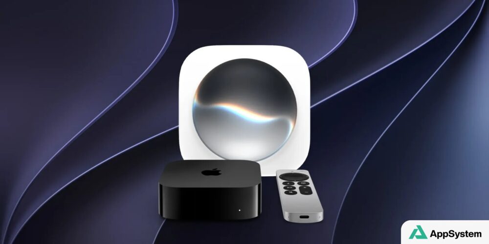 Apple TV 4K et sa télécommande devant une illustration de Siri