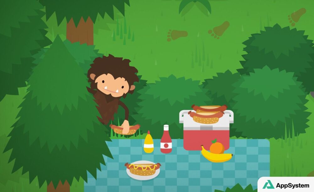 Illustration de Sneaky Sasquatch pique-niquant dans une forêt