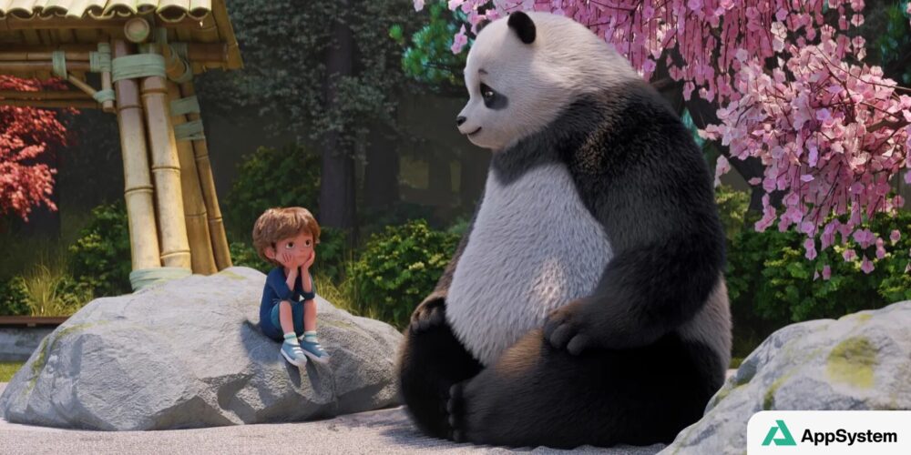 Panda Stillwater et enfant assis sur des rochers