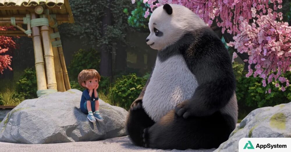 Panda Stillwater assis près d’un enfant dans un jardin fleuri