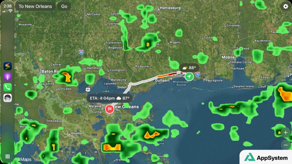 Storm Radar affiche les précipitations sur CarPlay autour de La Nouvelle-Orléans
