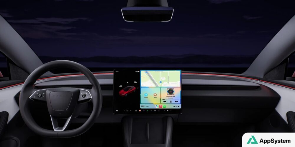 Habitacle Tesla avec écran central affichant navigation et commandes multimédias