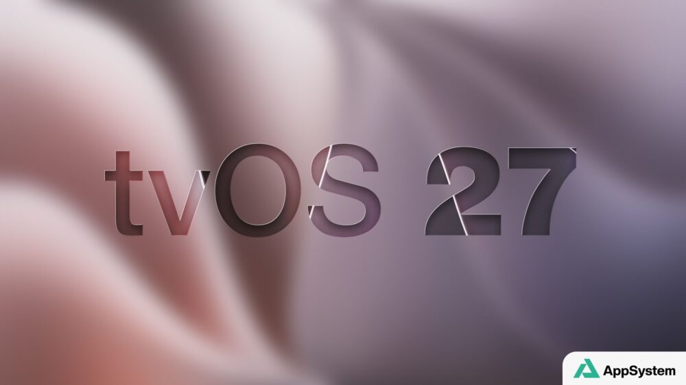 Illustration graphique affichant le texte tvOS 27 sur fond abstrait
