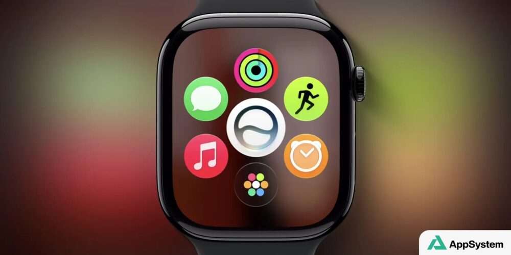 Rendu d’une Apple Watch présentant son écran d’applications watchOS