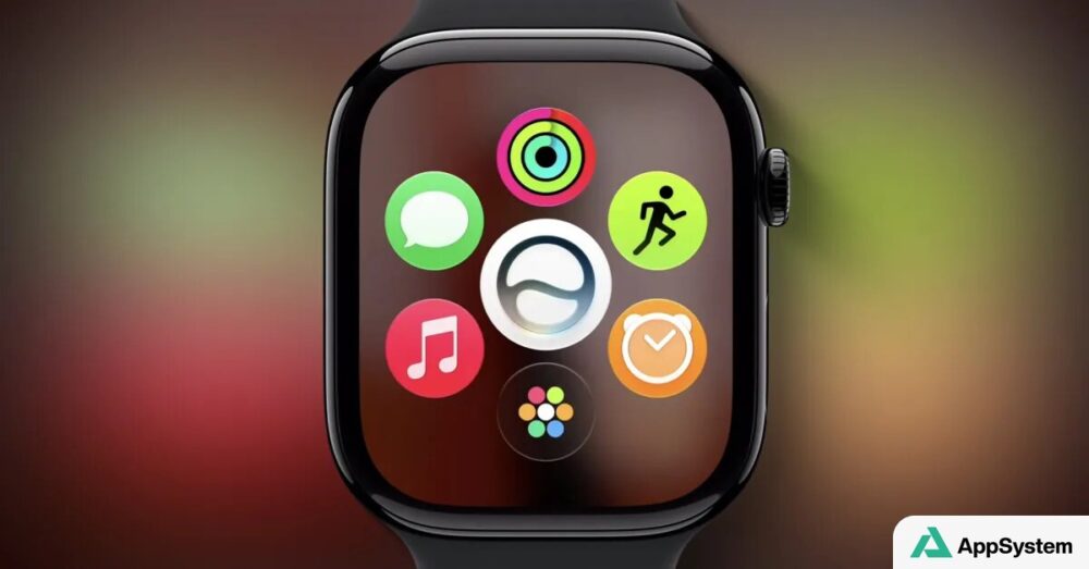 Rendu d’une Apple Watch affichant plusieurs icônes d’applications watchOS