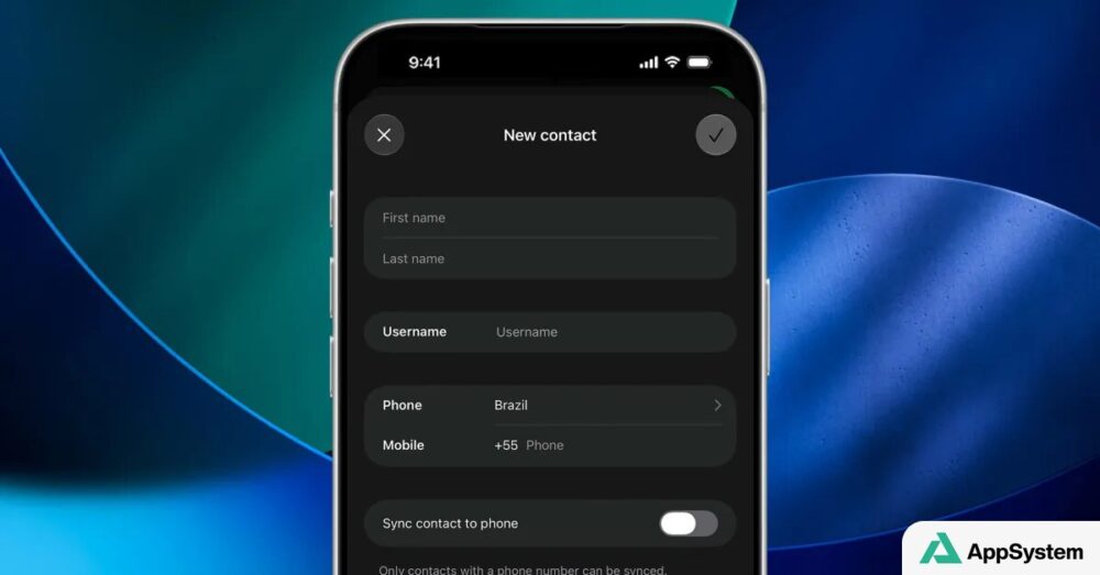 Écran de nouveau contact WhatsApp avec champ dédié au nom d’utilisateur