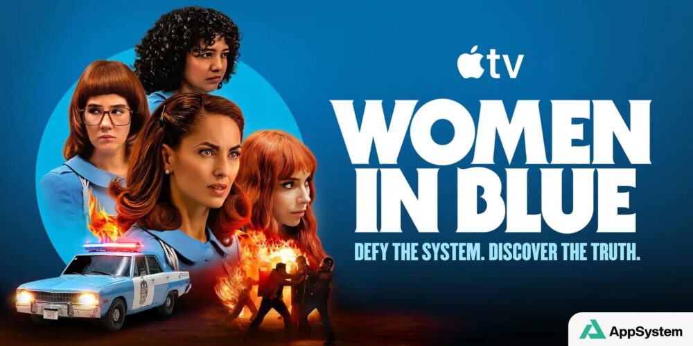 Visuel promotionnel de Women in Blue avec policières et voiture en feu