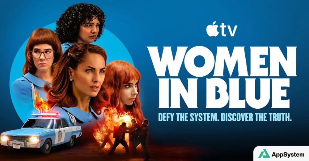 Affiche de Women in Blue montrant quatre policières et voiture en feu