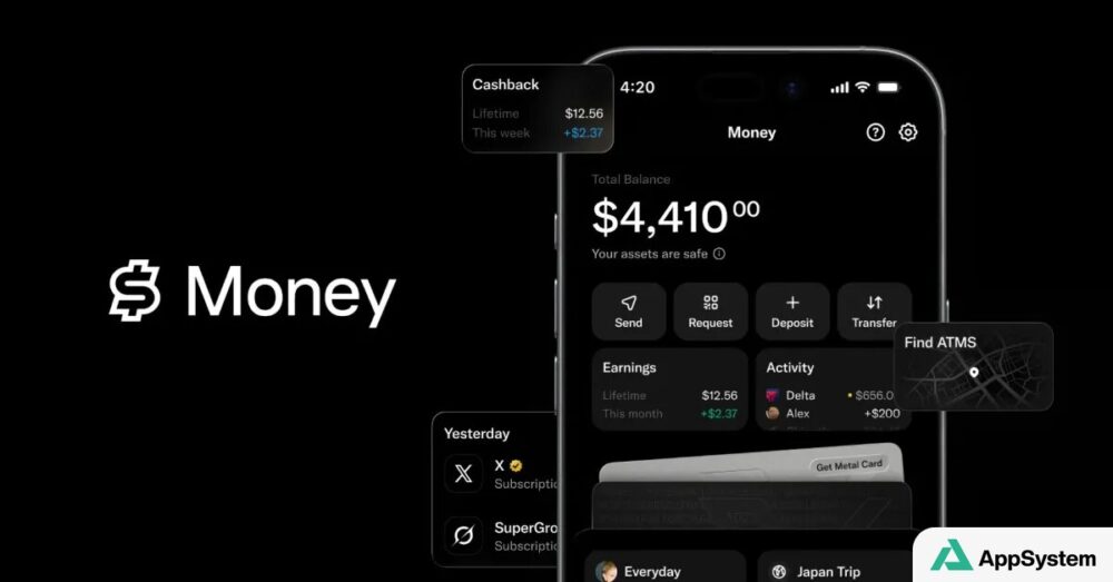 Rendu de X Money affichant un solde, des transactions et une carte bancaire