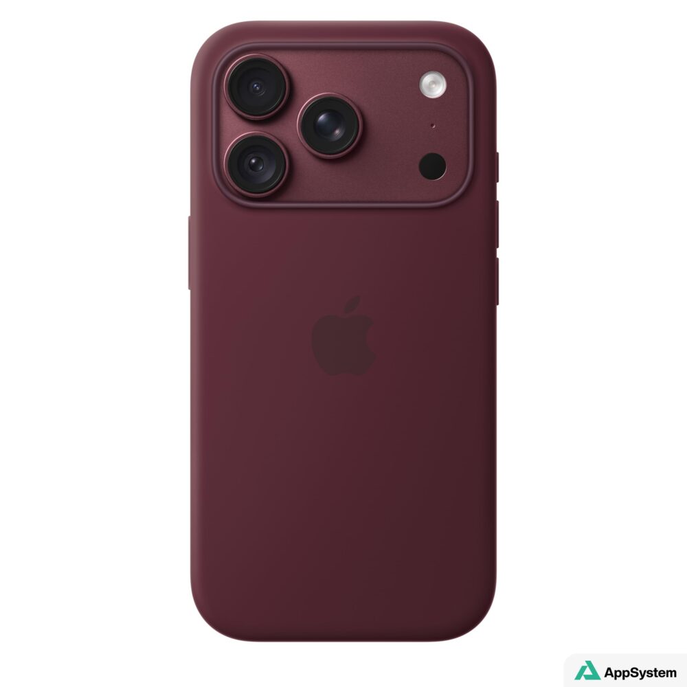 Étui bordeaux Apple protégeant l’arrière d’un iPhone 18 Pro