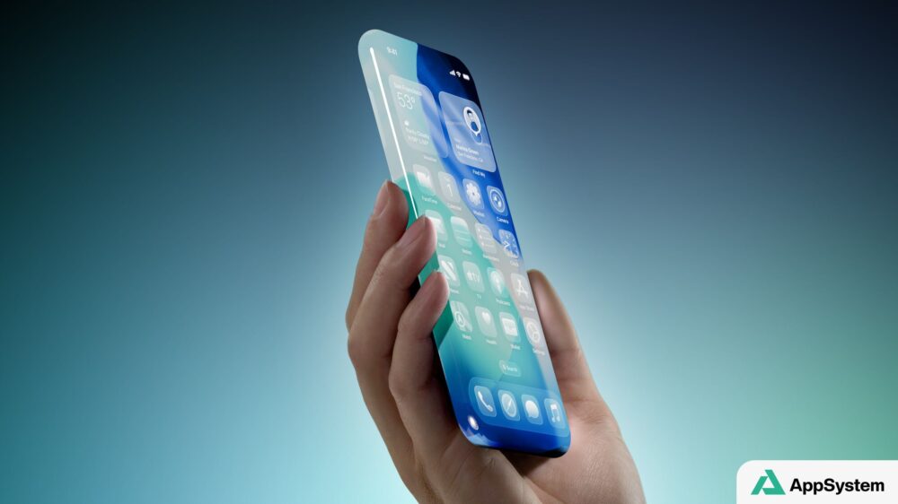Rendu conceptuel d’un iPhone à écran incurvé tenu par une main
