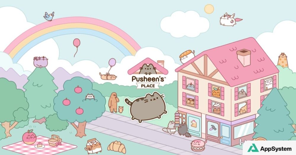 Illustration de Pusheen devant une maison rose entourée de chats