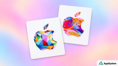 Deux cartes cadeaux Apple colorées présentées sur fond pastel