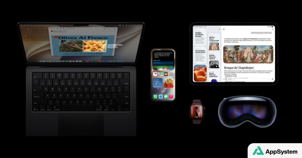 Appareils Apple affichant des fonctionnalités logicielles sur fond noir
