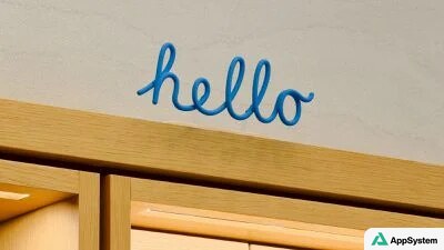 Vue large de la décoration « hello » d’un Apple Store