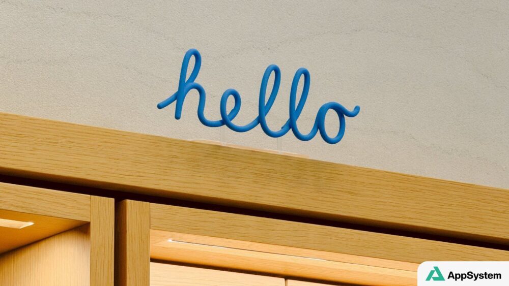 Décoration « hello » bleue installée dans un Apple Store