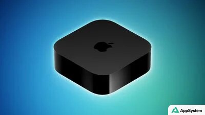 Boîtier Apple TV noir présenté sur fond coloré