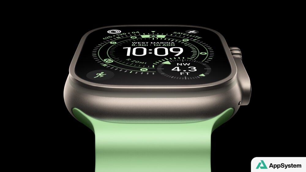 Gros plan sur une Apple Watch Ultra au bracelet vert