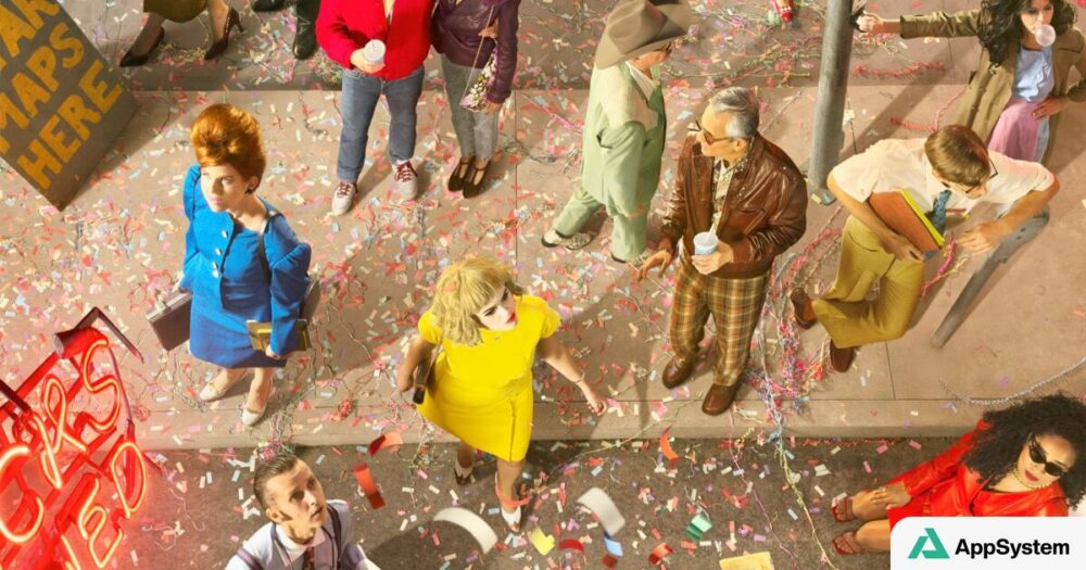 Foule costumée vue du dessus dans une rue couverte de confettis