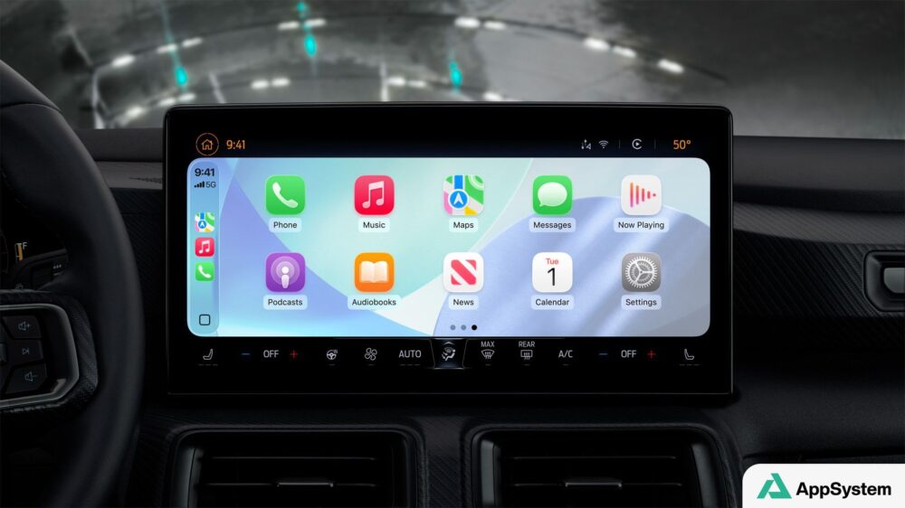 Écran CarPlay affichant les applications dans le tableau de bord d’une voiture