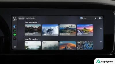 Écran CarPlay présentant des albums musicaux et recommandations audio