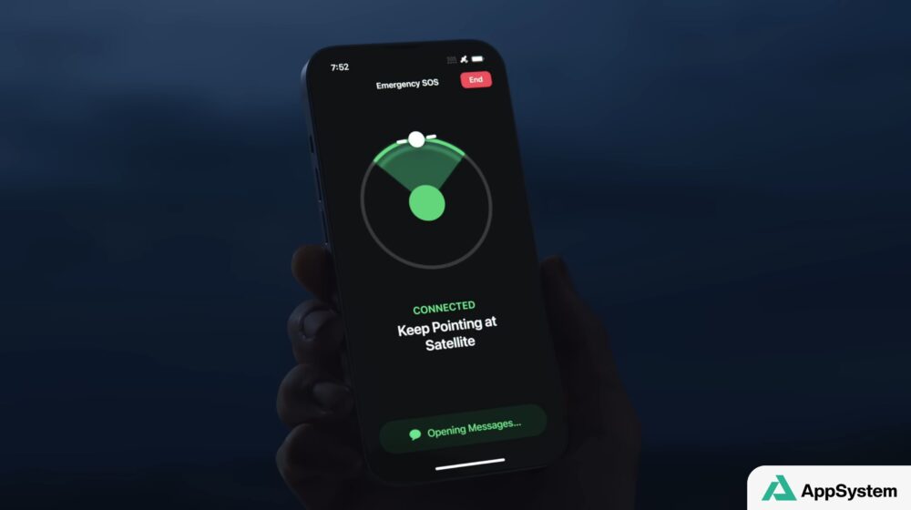 iPhone tenu en main affichant la connexion SOS par satellite