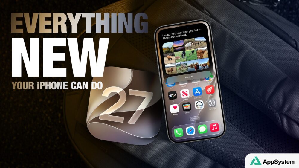 iPhone affichant iOS 27 devant une illustration du système Apple