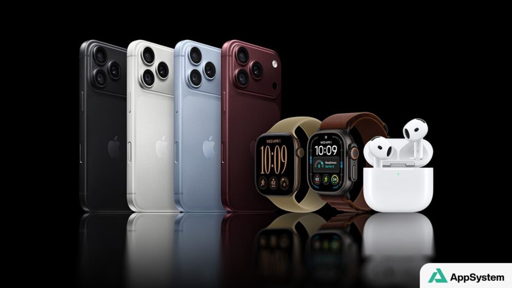 Gamme d’iPhone, Apple Watch et AirPods présentée sur fond noir