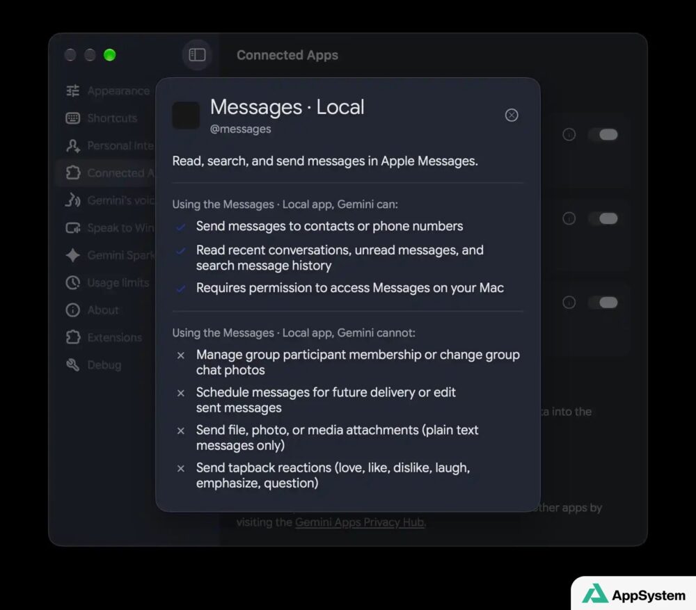 Gemini lit et envoie des messages Apple Messages localement