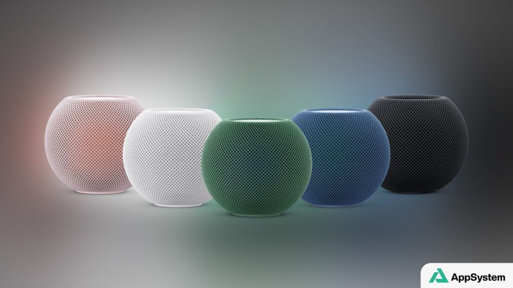 Cinq enceintes HomePod mini 2 présentées dans différentes couleurs