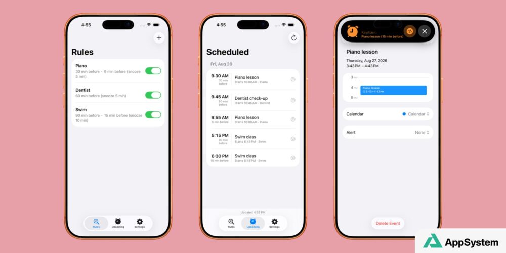 Trois écrans de KeyAlarm affichant règles, événements et alarme de calendrier