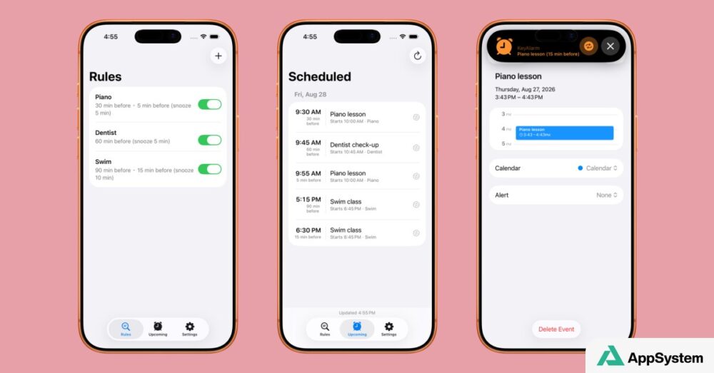 Trois écrans de KeyAlarm affichant règles, événements et alarme de calendrier