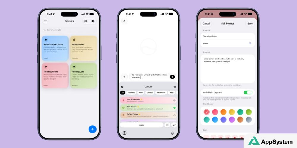Interface QuillCue affichant une bibliothèque de prompts et leur édition
