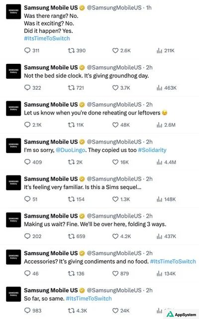 Capture des publications sarcastiques de Samsung visant l’iPhone Duo