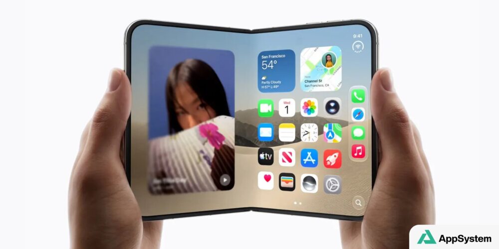 iPhone pliable présentant des widgets et applications sur son écran