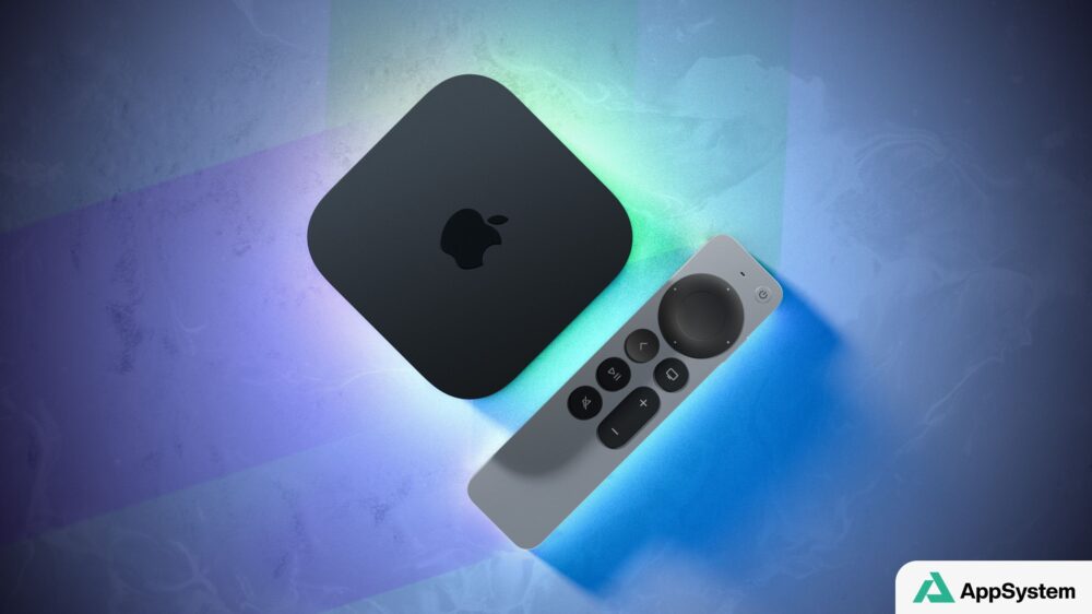 Boîtier Apple TV 4K et télécommande Siri sur fond coloré