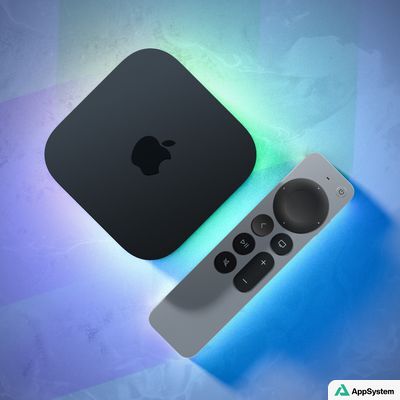 Apple TV 4K et sa télécommande présentés sur fond coloré