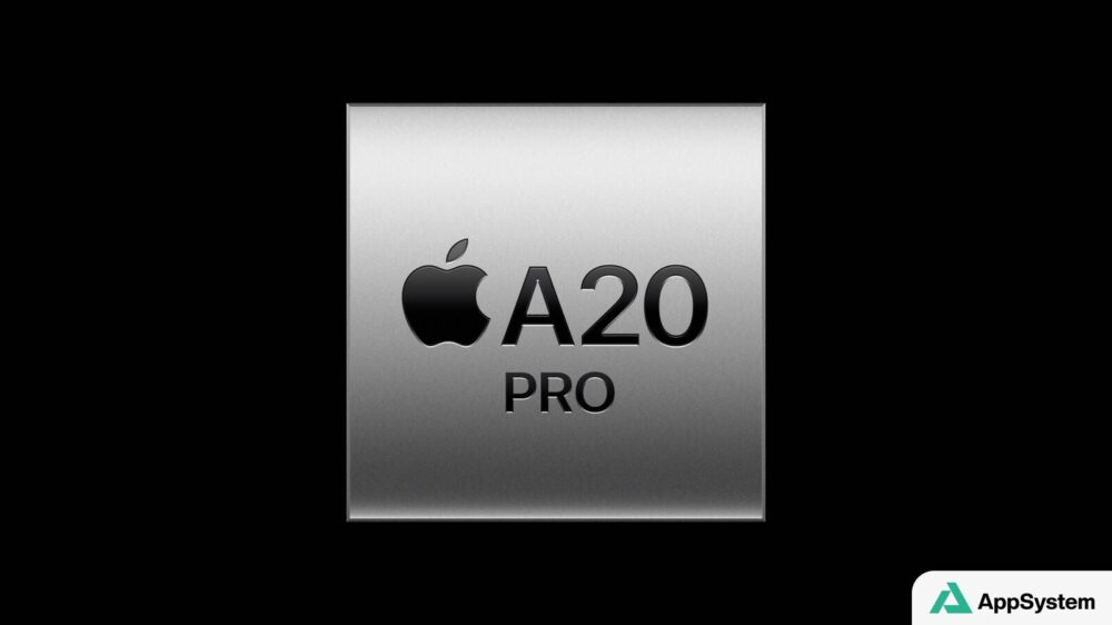 Rendu du processeur Apple A20 Pro sur fond noir