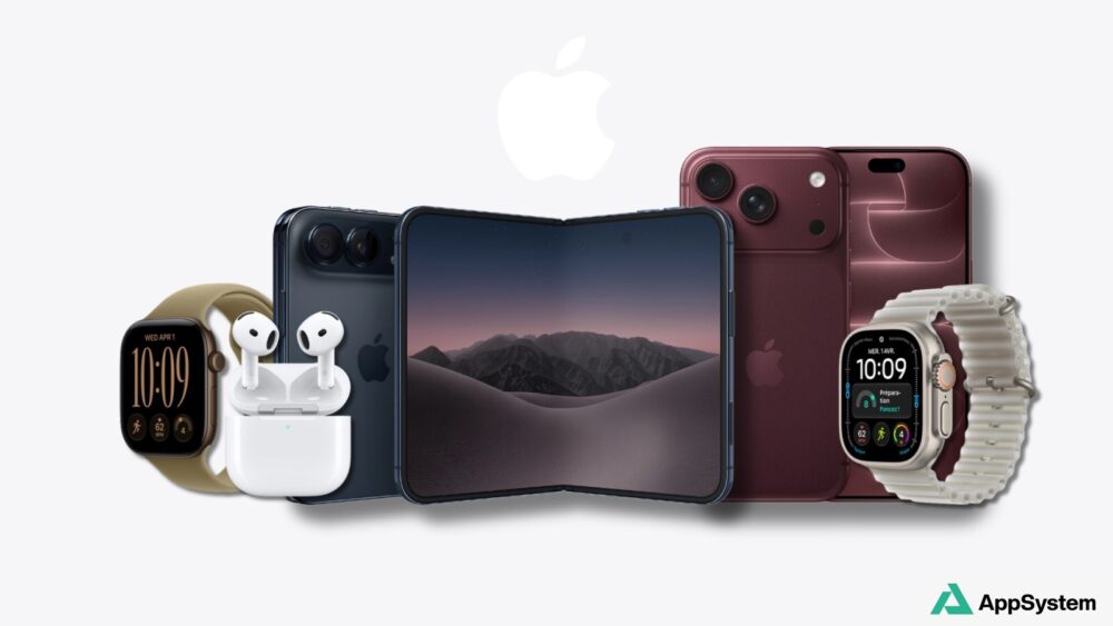 Gamme Apple réunissant iPhone pliant, iPhone, Apple Watch et AirPods