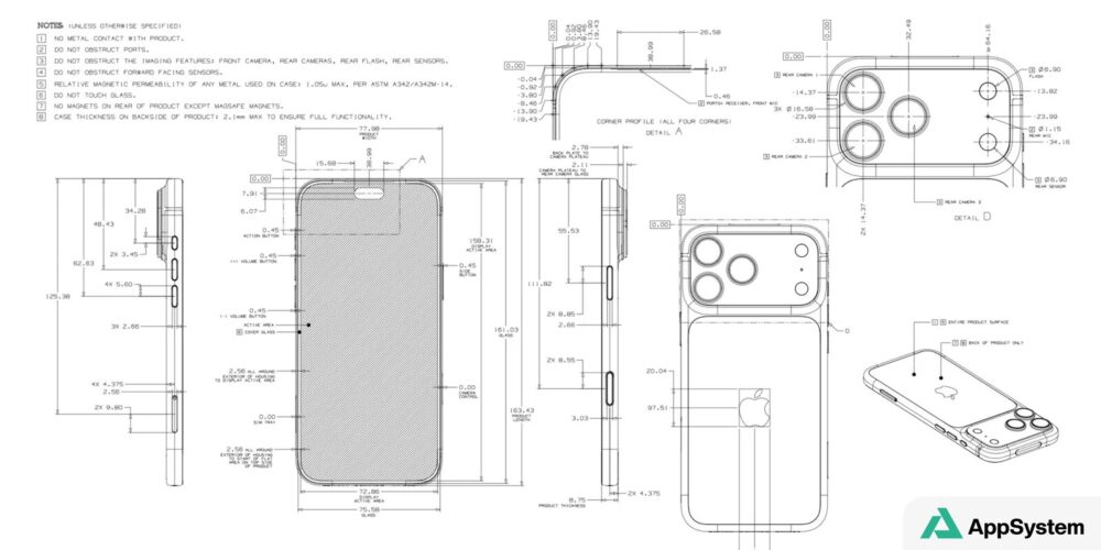 Dessin technique coté présentant les vues détaillées d’un iPhone